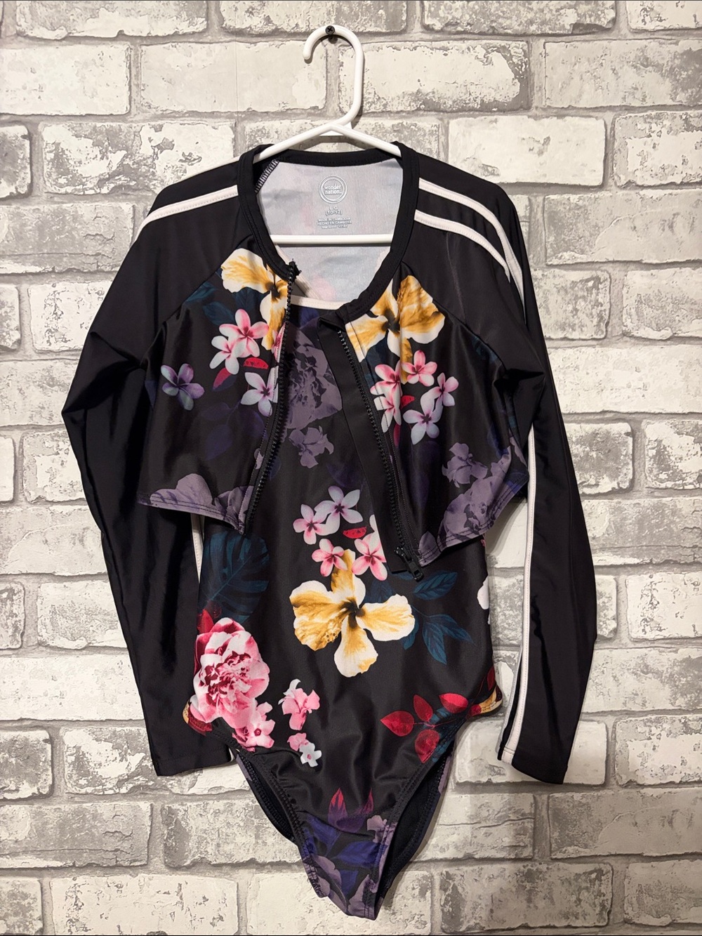 wonder nation Black Floral Long-Sleeve One-Piece Swimsuit with Zip-Up